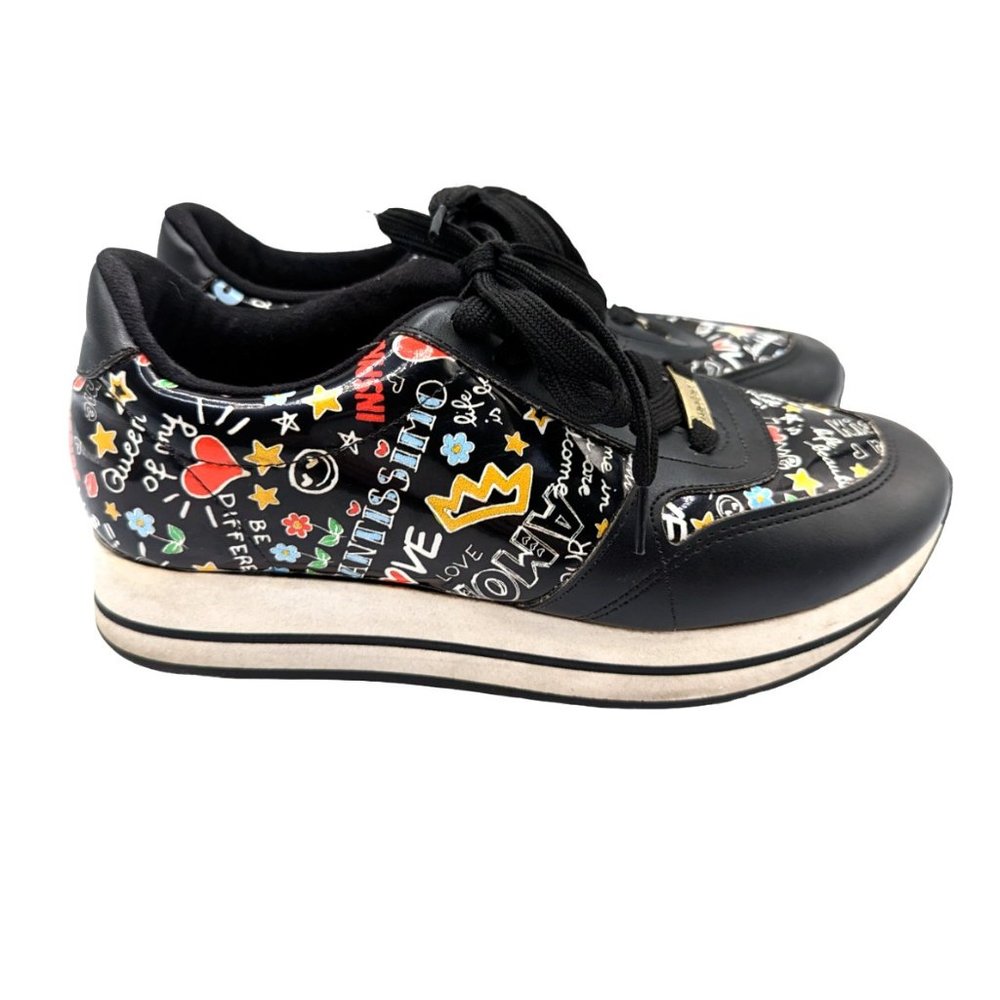 Moleca Women's Platform Black Love Graffiti Lace Up Sneakers Shoes Size 6